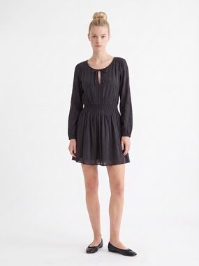 Volcom Black Long-Sleeve Tie-Neck Smocked Waist Mini Dress. Little black dress.